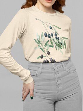 Olive Vintage Botanical Print Long Sleeve Graphic Tee T-shirt S-XXL